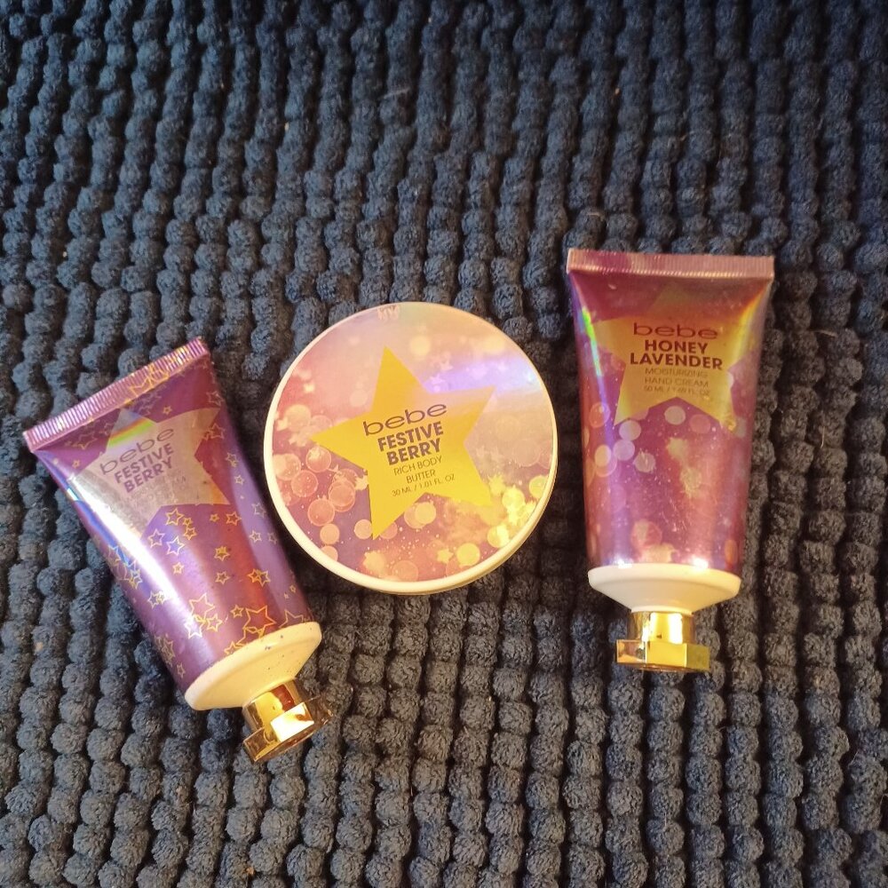 Bebe  Women's Gift Set 3 Piece Beauty Kit Lotion Hand Cream Body Butter Lotion